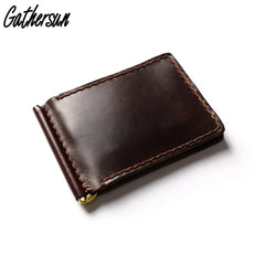 Genuine leather wallet with stainless steel spring money clip