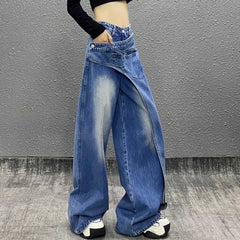 High waist wide-leg straight jeans in blue patchwork denim