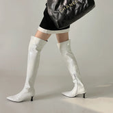 Pointed toe over-the-knee boot with kitten heel in glossy patent leather