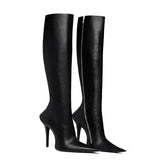 Pointed toe knee-high skinny boot with thin heel and side zipper