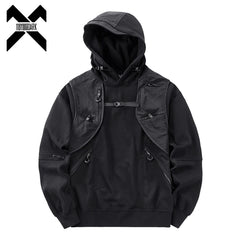Men's Techwear Fake Two-Piece Hoodie 2025 Autum Harajuku Tactical Functional Pullover Streetwear Hooded Sweatshirt Tops Black