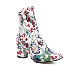 Round toe ankle boot with thick heel and floral print in plush