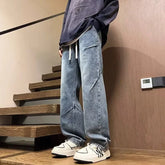 New Hip Hop Fashion Drawstring Jeans Men's Streetwear Vintage Wide Leg Straight Denim Trousers Y2K Baggy Pantalones Hombre