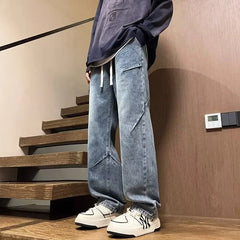 New Hip Hop Fashion Drawstring Jeans Men's Streetwear Vintage Wide Leg Straight Denim Trousers Y2K Baggy Pantalones Hombre