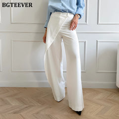 High waist straight patchwork long trousers in white