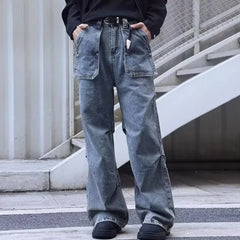 Autumn Men's Multi-pocket Straight-leg Cargo Jeans Y2K Vintage Pleated Design Baggy Jean 2025 High Street Fashion Denim Pants