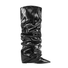 Pointed toe knee-high pleated boot with chunky heel in stone microfiber