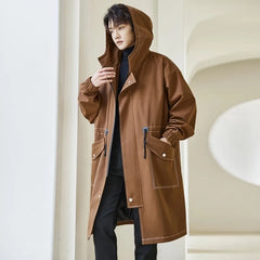 Korean Style Cotton-lined Windbreaker Men New Fashion Solid Color Trench Coat Autumn Winter Men's Casual Loose Thick Warm Coat