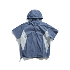 Summer New Japanese Style Color Block Hooded Windbreaker - Men's Casual Short Sleeve Outdoor Sports Jacket