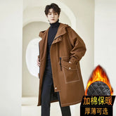 Korean Style Cotton-lined Windbreaker Men New Fashion Solid Color Trench Coat Autumn Winter Men's Casual Loose Thick Warm Coat