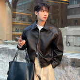 IEFB High Street Men's PU Leather Coats Turn-down Collar Double-ended Zipper Design Silhouette Solid Color Male Jackets 9X649