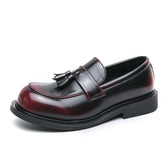 Men's British-Style Black Red Leather Loafers, Tassel Detail 5CM Height Increasing Shoes for Office/Daily Wear