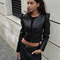 TWOTWINSTYLE Streetwear Black Short PU Leather Shirt for Women V Neck Long Sleeve Slimming Vintage Fashion Top Female New Trendy