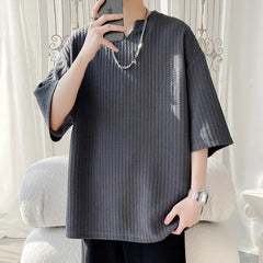 Summer Short Sleeved T-shirt Men Casual Pleated T Shirt Men Streetwear Hip-hop Loose Striped T Shirt Mens Top Large Size 5XL