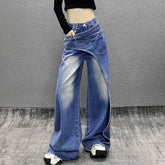 High waist wide-leg straight jeans in blue patchwork denim