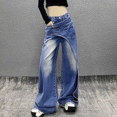 High waist wide-leg straight jeans in blue patchwork denim