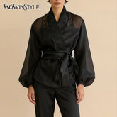 TWOTWINSTYLE Black Loose Spliced Lace Up Shirts for Women V Neck Long Sleeve French Temperament Shirt Female Autumn Fashion New