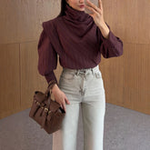 BJTZ 2026 Spring Autumn Women French Vintage Striped Stand Collar Patchwork Long Sleeve Shirt Elegant Slim Fit Casual Office Top