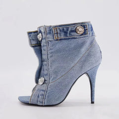 Square toe fishmouth denim button slipper with super high heel