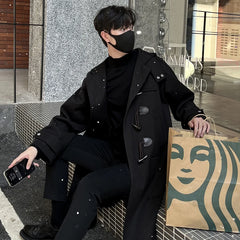 Korean-style Woolen Trench Men Horn Button Casual Long Windbreaker Winter Hooded Jacket Coats Fashion Trenchcoat
