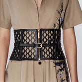 Openwork mesh wide waist belt in curved leather for women