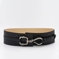 Antique silver buckle wide leather belt for women's dress