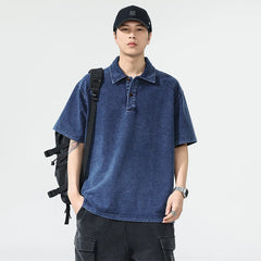 Men Summer Streetwear Outdoor Fashion Knitted Denim Loose Casual Plus Size Short Sleeve Polo Shirt Cityboy T-shirts Man T Shirts