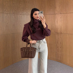 BJTZ 2026 Spring Autumn Women French Vintage Striped Stand Collar Patchwork Long Sleeve Shirt Elegant Slim Fit Casual Office Top