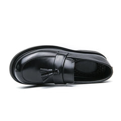 Men's British-Style Black Red Leather Loafers, Tassel Detail 5CM Height Increasing Shoes for Office/Daily Wear