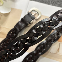 Handwoven genuine leather belt with antique silver buckle for pants