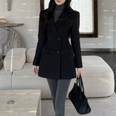 Dark brown double-breasted blazer with button cuff in textured fabric