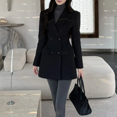 Dark brown double-breasted blazer with button cuff in textured fabric