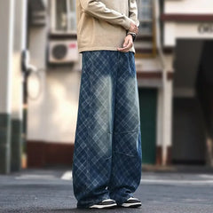 2026 New Men's American Retro Washed Plaid Baggy Jeans Hip Hop Fashion Curved Denim Pants Y2K Streetwear Straight-Leg Jean