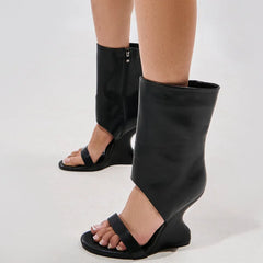 One-strap hollow sandal boot with side zipper in leather