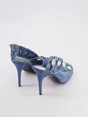 Square toe fishmouth denim button slipper with super high heel