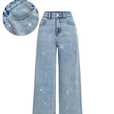 High waist straight jeans with rhinestone bling detail