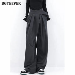 High waist floor-length wide-leg suit trousers with pockets
