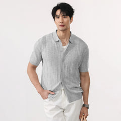 Men Summer Business Casual Fashion Vintage Short Sleeve Knitted Stripe Cardigan Polo Shirt Male Commute Sweater T-shirt Tops
