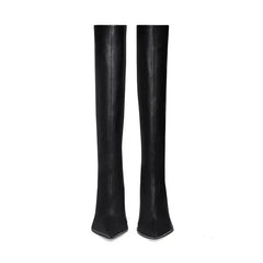 Pointed toe knee-high skinny boot with thin heel and side zipper
