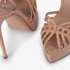 Pointed toe platform sandal with narrow band and thin heel
