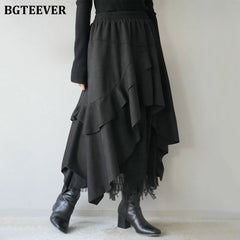 A-line mid-length irregular tassel skirt