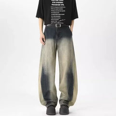 Spring Men's Distressed Vintage Washed Gradient Jeans Hip Hop Straight Wide Leg Baggy Denim Pants High Street Fashion Y2K Jean