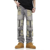 2025 New Multi Zipper Pocket Straight Jeans For Men Hip Hop Fashion Ripped Distressed Denim Pant High Street Wide-leg Baggy Jean