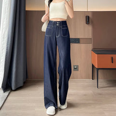 High waist wide-leg straight jeans in ice silk denim