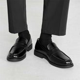 Men's Black Leather Penny Loafers Classic Slip On Dress Shoes Formal Casual Comfortable Leather Lining Trendy Fashion Footwear F