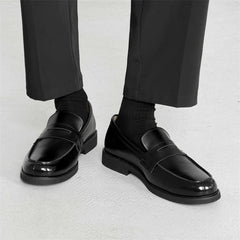 Men's Black Leather Penny Loafers Classic Slip On Dress Shoes Formal Casual Comfortable Leather Lining Trendy Fashion Footwear F