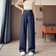 High waist wide-leg straight jeans in ice silk denim