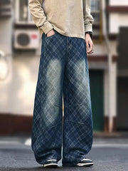 2026 New Men's American Retro Washed Plaid Baggy Jeans Hip Hop Fashion Curved Denim Pants Y2K Streetwear Straight-Leg Jean