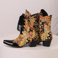 Pointed toe ankle boot with thick heel in skull floral patchwork fabric