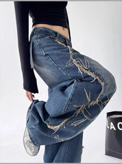 High waist wide-leg distressed cargo jeans with raw edge